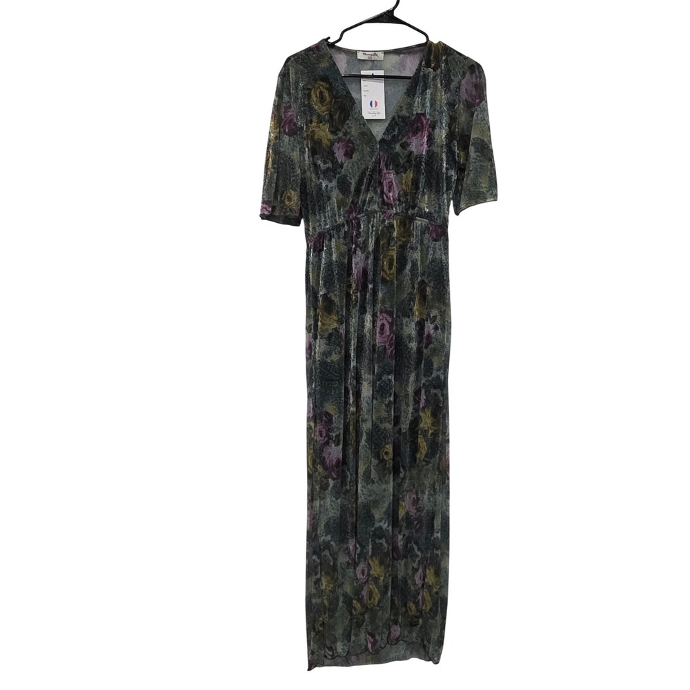 Charming Girl by Silia Paris Floral Metallic Maxi Dress V-Neck Short Sleeve New - Picture 1 of 6